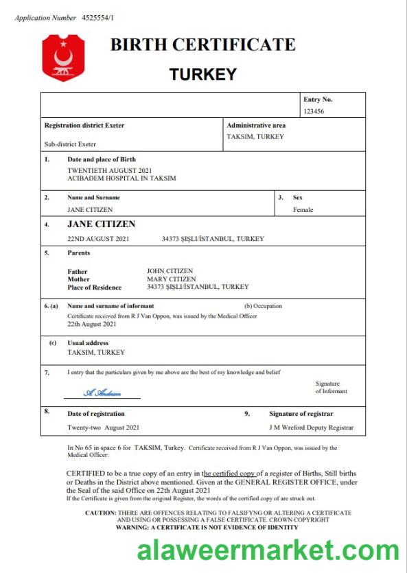 Turkey birth certificate in Word and PDF format